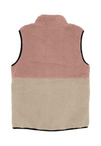 Gilet in pile senza maniche con colletto alto, parte superiore rosa e parte inferiore beige, visto da dietro su uno sfondo bianco.