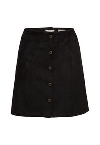 Zwarte suède A-lijn rok met vijf centrale knopen en een tailleband, weergegeven op een witte achtergrond.