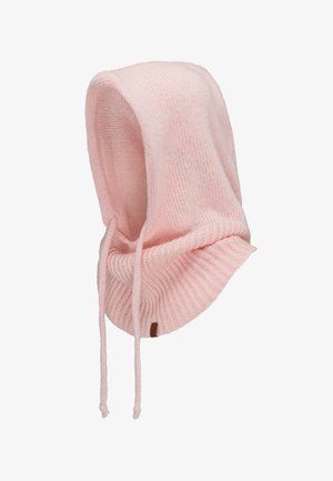 Capucha de punto en tela rosa suave, con diseño acanalado, dos cordones ajustables y una textura lisa. Ajuste cómodo y adaptable.