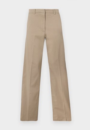 Beige gerade geschnittene Hose mit Gürtelschlaufen, vorderer Knopf- und Reißverschluss, aus glattem Stoff gefertigt.
