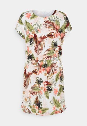Witte jurk met korte mouwen met een print van groene en bruine tropische bladeren en roze bloemen, met een ronde halslijn en tailleceintuur.