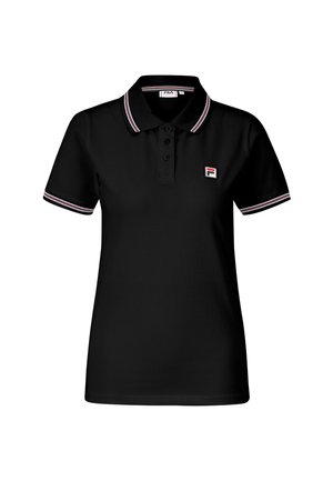 Zwarte poloshirt met een kraag, een drieknoopsluiting en contrasterende witte en rode strepen op de kraag en mouwen. Voorzien van een logo-opdruk.