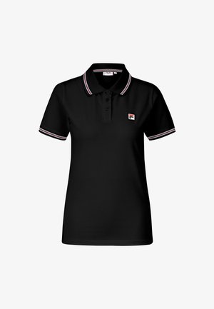 Musta poolopaita, jossa on klassinen kaulus, kolme nappia ja kauluksessa sekä hihoissa kontrastiväriset punaiset ja valkoiset raidat. Pieni logo.