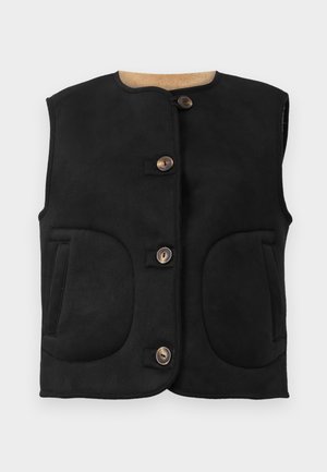 Black suede vest with a rounded neckline, five brown buttons, two large front pockets, and a soft inner lining.