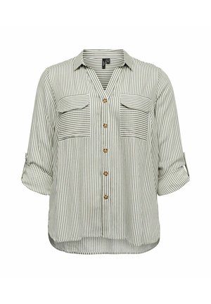 Camicia a maniche lunghe in cotone con righe verticali beige chiaro e bianche, dotata di due tasche a soffietto sul davanti e con maniche arrotolate.