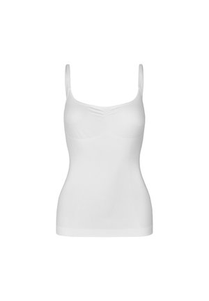 Weißes nahtloses Damen-Top mit dünnen Trägern und leichter Raffung an der Brust, dargestellt vor einem schlichten weißen Hintergrund.