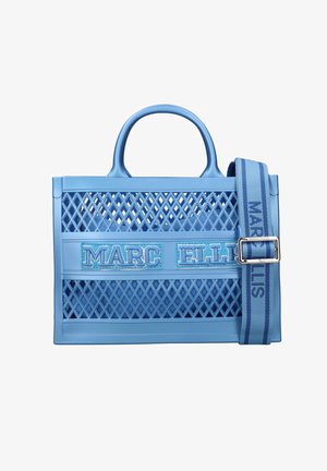 Light blue Marc Ellis tote bag with diamond mesh design, embroidered brand name, and adjustable fabric shoulder strap.
