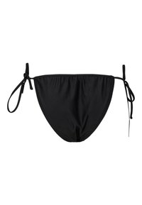 Bas de bikini noir avec liens latéraux ajustables, tissu lisse et détail de taille froncée.
