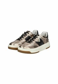 Metallic bronze sneakers with black accents, textured leather, lace-up design, and rubber sole. Features a white midsole and gum outsole.