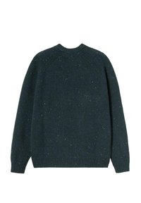 Pullover lavorato a maglia verde scuro con collo a giro, caratterizzato da un design testurizzato e da una varietà di sfumature colorate. Polsini e orlo a costine.