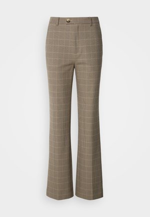 Brune rutete bukser med høy midje, utsvingte ben, frontlukking med knapper og subtil tekstur. Har et rutenett mønster i lysere toner.