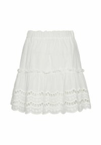 Fehér, rétegelt szoknya könnyű anyagból, dús, rojtos szegéllyel és kivágott, kör alakú mintákkal. Gumis derékpánt.