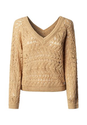 Beiger Langarm-Crochet-Pullover mit V-Ausschnitt, versehen mit filigranen offenen Strickmustern sowie gerippten Bündchen und Saum.