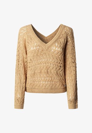 Bēša adīta garroku velūra džemperis ar V-veida kaklu, kas izceļas ar sarežģītiem atvērtā adījuma rakstiem un ribām piedurknēm un maliņām.