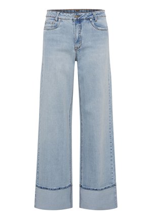 Világoskék, széles szárú farmernadrág felhajtott szegéllyel, elöl gombos és cipzáras záródással, valamint ötlapos kialakítással.