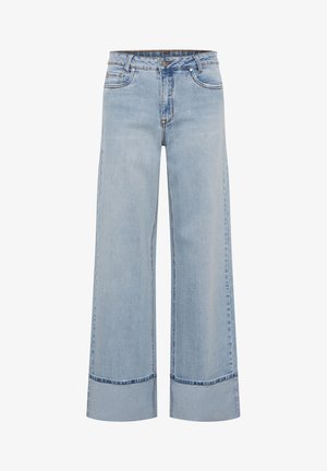 Helehallid laia lõikega teksapüksid volditud äärte, ees oleva nööbi, tõmbluku sulgemise ja viie taskuga disainiga.