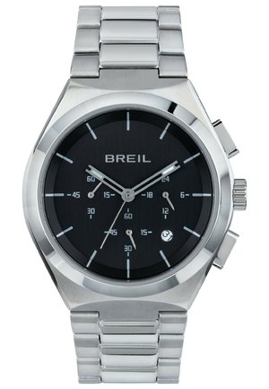 Orologio da polso da uomo Breil in acciaio inox con quadrante nero, sub-quadranti cronografici, indicatori delle ore argentati e bracciale metallico.