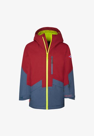 Red and gray waterproof jacket with a hood, featuring a neon yellow zipper and accents, zippered chest pocket, and Norwegian flag detail.