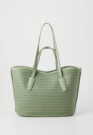 Green leather tote bag with a patterned texture, curved top, dual handles, and a spacious design suitable for everyday use.