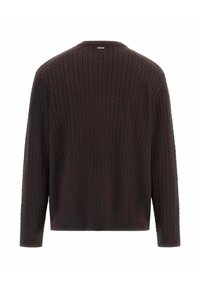 Maglione marrone scuro a maglia con un motivo a coste testurizzato, caratterizzato da uno scollo rotondo e maniche lunghe. Estetica minimalista senza accenti visibili.
