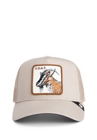 Beige baseball cap with a mesh back, featuring an embroidered goat patch and the text "G.O.A.T." at the top in brown thread.