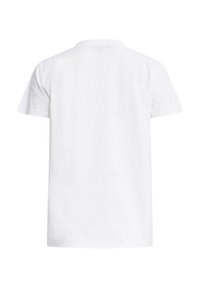 Witte katoenen t-shirt met een klassieke ronde hals, korte mouwen en een rechte achterkant. Soepele textuur en rechte zoom. Geen patronen of graphics.