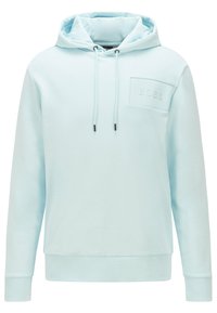 Sudadera con capucha de color azul claro, con un bolsillo canguro, cordones y un logo BOSS texturizado en el pecho. Tejido suave, corte relajado.