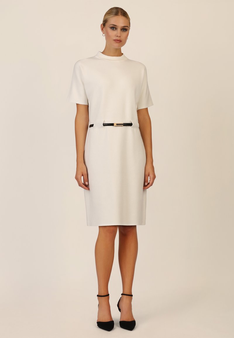 slim fit dress slacks Ivory Strapless Maxi Dress With Chain Belt