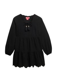 Vestido negro de mangas largas con escote redondeado, cordón ajustable y acentos de borlas. Presenta un tejido texturizado y un dobladillo en forma de ondas.