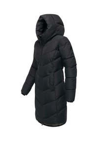 Cappotto invernale imbottito nero con cappuccio, caratterizzato da un design trapuntato, chiusura a zip e tasche laterali. Realizzato in materiale liscio e resistente all'acqua.