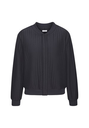 Black ribbed bomber jacket with a round neckline, front zip closure, and elastic cuffs and hem. Smooth texture with horizontal lines.