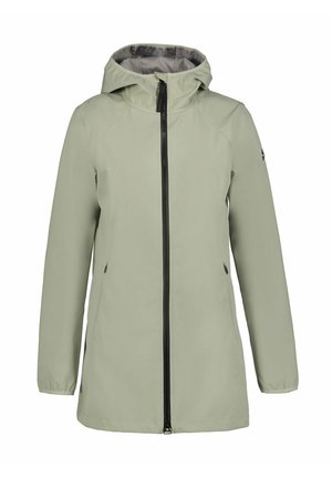 Longue veste de pluie à capuche vert clair avec fermeture éclair noire devant, deux poches latérales zippées, poignets élastiques et doublure intérieure grise.