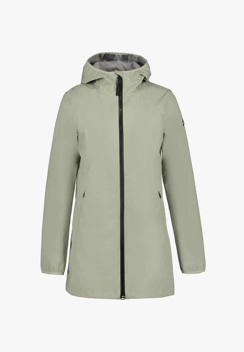 Longue veste de pluie à capuche vert clair avec fermeture éclair noire devant, deux poches latérales zippées, poignets élastiques et doublure intérieure grise.