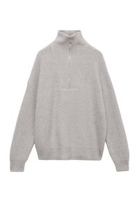 Hellgrauer gestrickter Pullover mit hohem Kragen und halbem Reißverschluss. Verfügt über weite Ärmel, gerippte Bündchen und ein strukturiertes Muster überall.