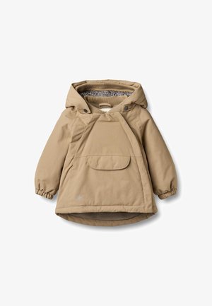 Bézs kapucnis dzseki elasztikus mandzsettával, méretes zsebbel és kockás béléssel. Puha tapintású, laza, kényelmes, hétköznapi stílusú kialakítás.