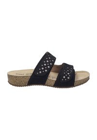 Zwarte suede instapsandaal met twee verstelbare banden met ronde uitsparingen, een gevoerde binnenzool en een gestructureerde kurken zool.