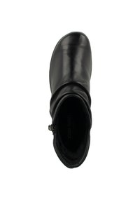 Schwarze Leder-Stiefelette mit runder Zehenpartie, gefaltetem Design am Schaft und seitlichem Reißverschluss zum Schließen. Weiches Innenfutter sichtbar.