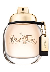 Klar glasparfymflaska med rundad form, gyllene lock och svart läderdetalj. Har en präglad design av en hästdragen trolley.