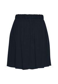 Jupe plissée bleu marine avec une ceinture élastique, longueur genou, en tissu léger, adaptée pour un port décontracté ou formel.