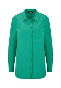 Grünes Hemd mit langen Ärmeln, Knöpfen, Kragen und Manschetten, geradem Saum und glatter Stoffstruktur.