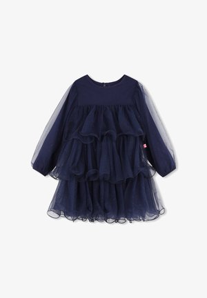 Robe bleu marine à manches longues avec jupe en tulle à volants superposés et détails subtils pailletés, conçue pour les filles.