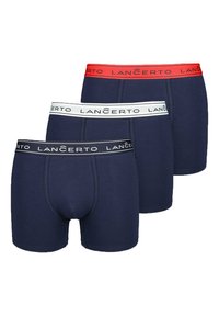 Trzy pary granatowych bokserów z kontrastującymi ściągaczami z logo w kolorze czerwonym, białym i czarnym. Materiał bawełniany, gładka tekstura.