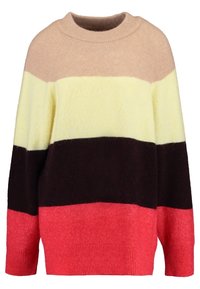 Pull multicolore présentant des bandes beige, jaune, marron foncé et corail. Texture douce avec un col rond et des manches longues.