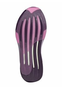 Schoenzool in paarse en roze rubber, met een gestructureerd oppervlak met verticale groeven en witte accenten. Kenmerkend golfachtig ontwerp.