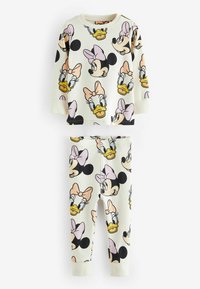Completo pigiama a due pezzi realizzato in tessuto crema con stampe di personaggi dei cartoni animati in nero, rosa e giallo. Design con maniche lunghe e pantaloni con polsini.