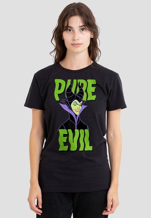 Black cotton t-shirt featuring a graphic print of a character with purple accents. Text reads "PURE EVIL" in bold green letters.