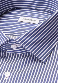 Blauw-wit gestreepte shirt met een standaard kraag, voorzien van witte knopen en een seidensticker label dat in de kraag is gestikt.