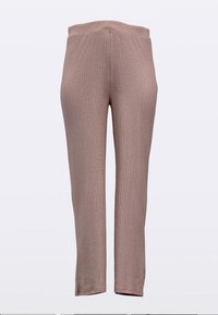 Hellbraune, gerippte Hosen mit elastischem Bund, geradem Bein und glatter Textur. Keine Taschen oder auffälligen Hardware-Details.