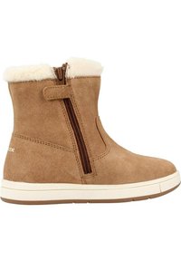 Botas de tobillo de ante color marrón claro con un cuello de pelo sintético blanco, cremallera lateral y suela de goma. Diseño sencillo con detalles de costura.