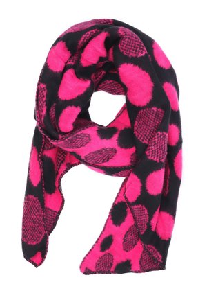 Sciarpa rosa e nera con grandi pois e un motivo testurizzato, realizzata in un materiale morbido, con bordi rifiniti.